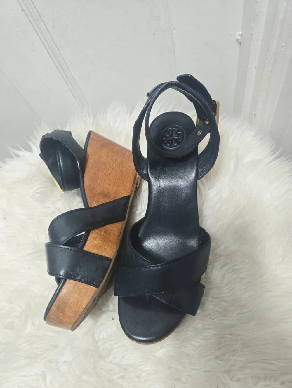 Tory Burch Almita Black Leather Ankle Strap Platform Wedge Sandals size 8.5M